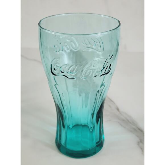 Coca Cola Libbey Drinking Glasses 16oz Embossed 6" Retro Green Blue Brown x3 - Picture 4 of 13